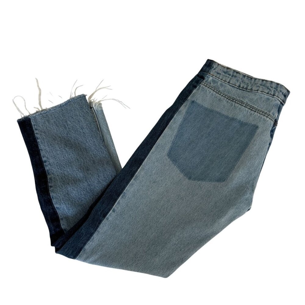 Zara Trf Denim Two Tone Raw Hem Distressed Straight Leg Jeans - Picture 7 of 8